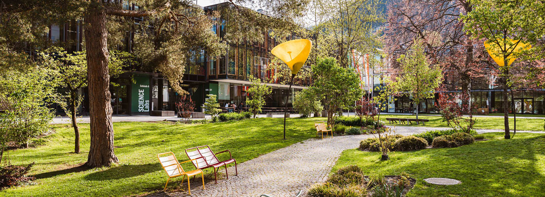 Gepflegter Park mit Bäumen, bunten Sitzbänken und moderner Architektur im Hintergrund