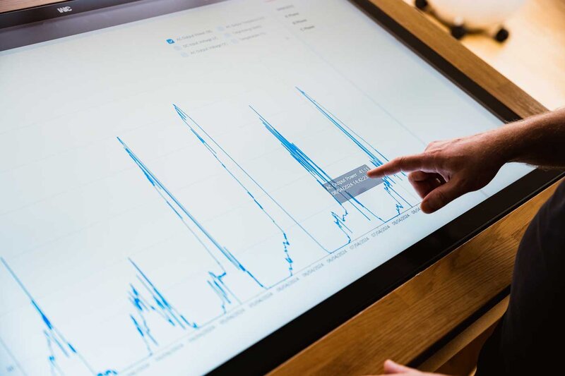 Finger zeigt auf Energiediagramm mit Leistungsdaten auf Touchscreen im Sustain & Estate Lab der FH Kufstein Tirol.