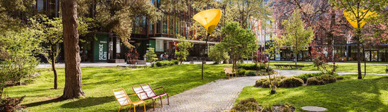 Grüner Campusbereich mit gepflastertem Weg, bunten Bänken und moderner Hochschularchitektur im Hintergrund