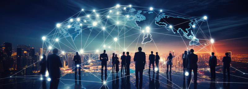 Silhouetten von Personen vor einer leuchtenden Weltkarte mit digitalen Linien – Symbol für globale Vernetzung, Kooperation und Austausch.
