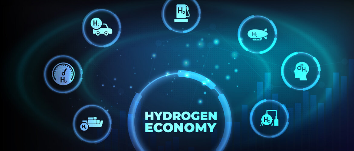 H2CoVE | © AdobeStock.Pongsakorn Eine blaue Grafik auf schwarzem Grund zeigt im Zentrum die Wasserstoff-Industrie. Die umliegenden Kreisdiagramme stellen die Einsatzbereiche von Wasserstoff dar, z.B. als Treibstoff für Autos oder Industrie. | © AdobeStock.Pongsakorn