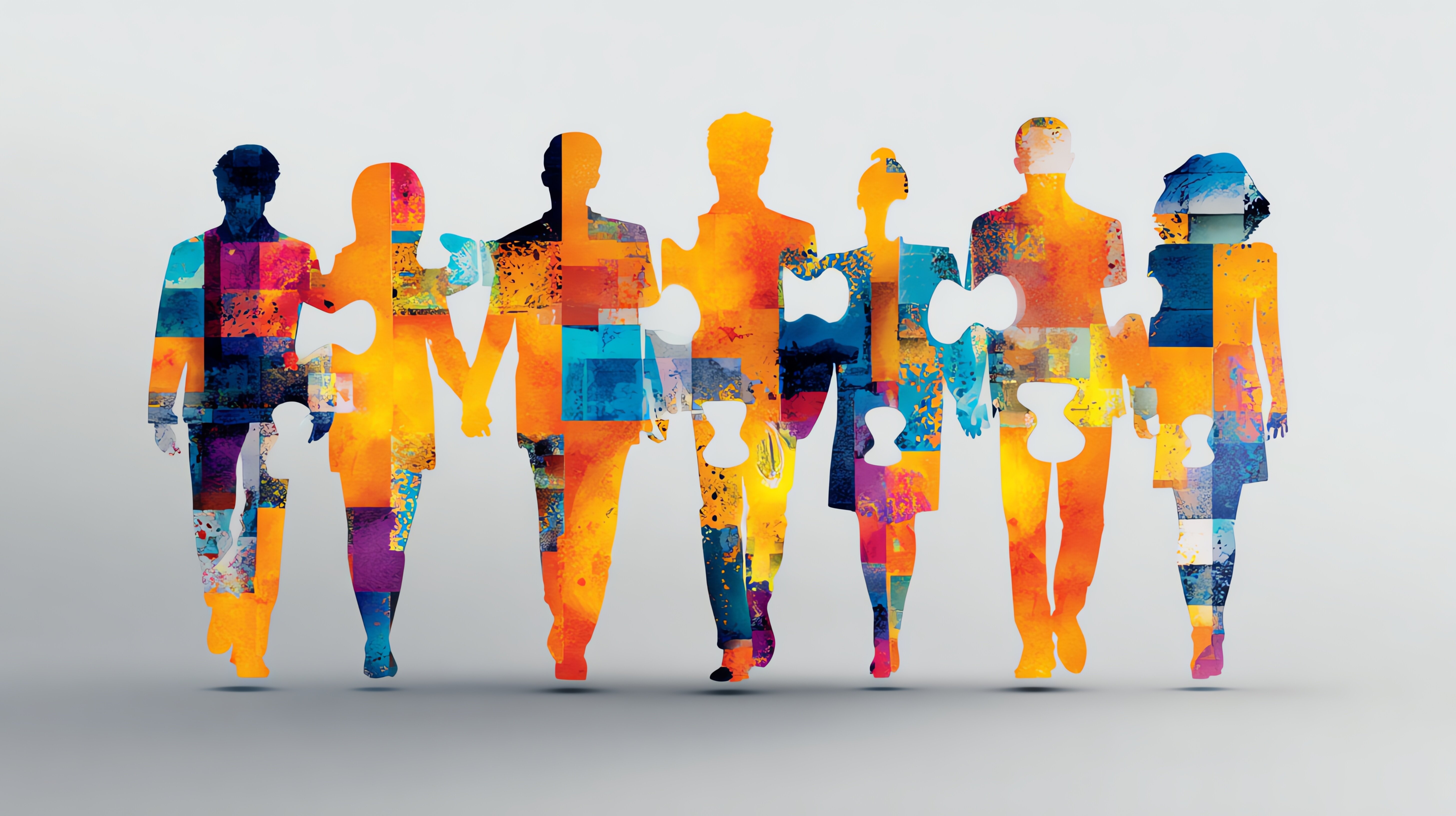 Silhouetten einer vielfältigen Gruppe, als farbige Puzzleteile verbunden – Symbol für Zusammenhalt, Inklusion und kollaborative Teamarbeit | © AdobeStock.Pug