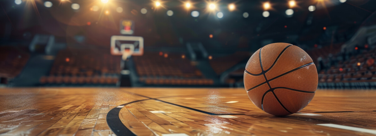 Stipendium_Basketball | © AdobeStock.Arianne Ein Basketball liegt auf einem beleuchteten Basketballfeld | © AdobeStock.Arianne