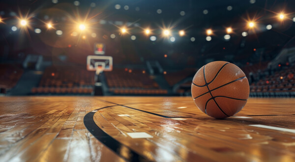Stipendium_Basketball | © AdobeStock.Arianne Ein Basketball liegt auf einem beleuchteten Basketballfeld | © AdobeStock.Arianne