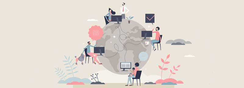 Header_FamilyBusinessDay_AdobeStock | © AdobeStock.VectorMine Familienmitglieder arbeiten an ihren PCs, die über eine Weltkugel miteinander verbunden sind. | © AdobeStock.VectorMine