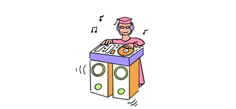 Comicfigur an einem Mischpult vor einem weißen Hintergrund