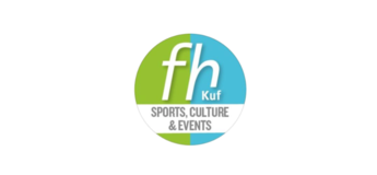 Blau, grünes FH Logo mit einem Sports, Culture & Event Schriftzug