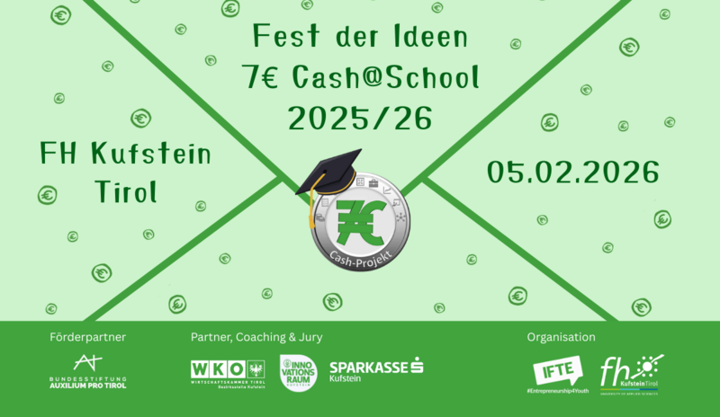 Fest der Ideen Ankündigung 2025/26 Finale 7€ Cash@School mit grünem Hintergrund