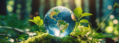 Header_Nachhaltigkeitswoche_AdobeStock | © AdobeStock.hardvicore Eine leuchtende Weltkugel liegt auf Moos im Wald. | © AdobeStock.hardvicore
