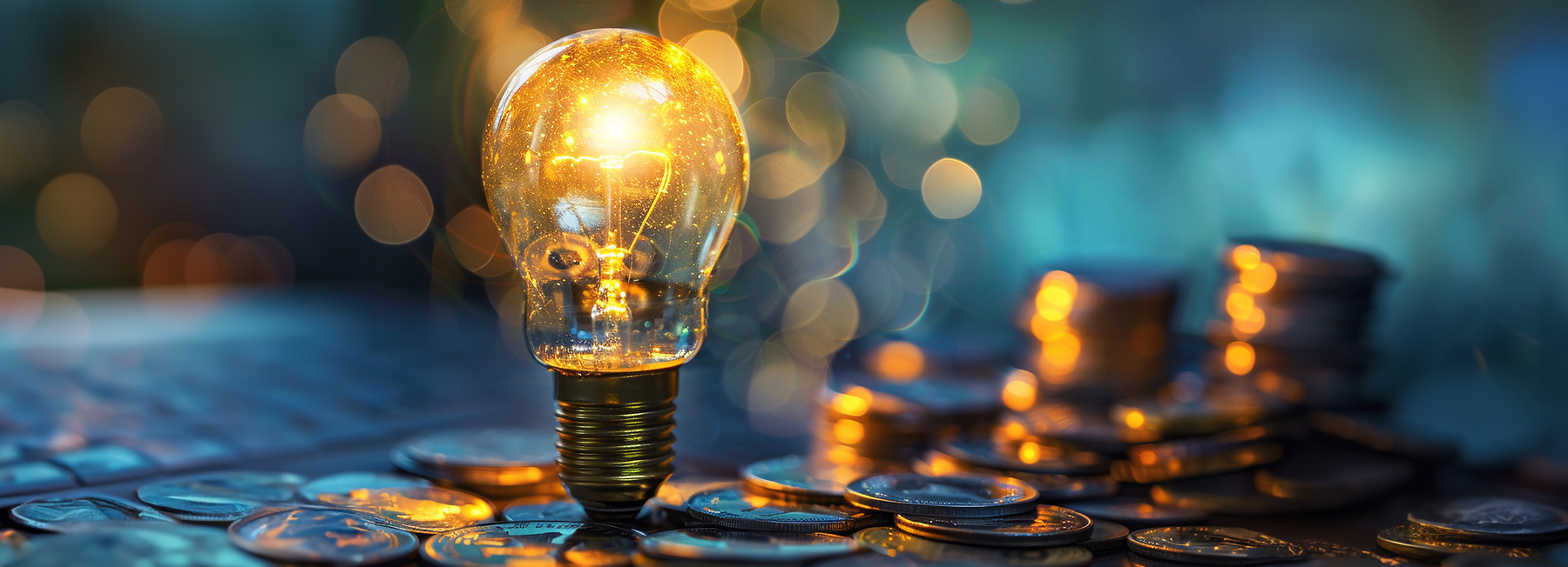 7EURCash_Header_AdobeStock | © AdobeStock.Papisut Eine leuchtende Glühbirne steht aufrecht auf einer Oberfläche, die mit Münzen bedeckt ist. | © AdobeStock.Papisut
