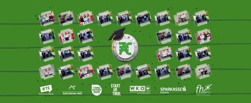 7Euro_Cash_School_Finale. | © FH Kufstein Tirol Cash-Projektbilder mit grünem Hintergrund und Logos. | © FH Kufstein Tirol