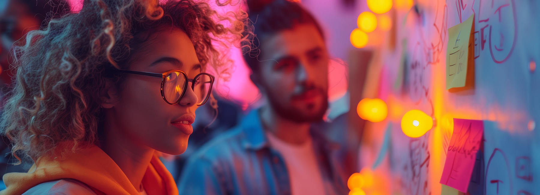 Header_YEW_AdobeStock | © AdobeStock.Amonthep Zwei Jugendliche blicken auf Notizen an einer beleuchteten Pinnwand. | © AdobeStock.Amonthep