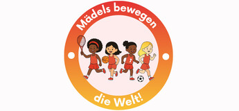 Ein gelber Hintergrund mit Schrift im Vordergrund und vier Comic-Figuren von Mädchen beim Sport. | © FH Kufstein Tirol ki-generiert