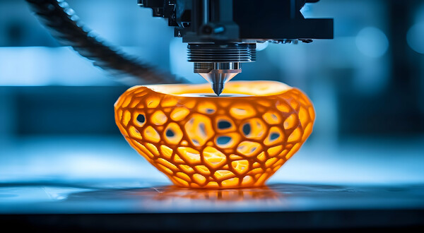 IAM-Fachtagung | © Ida 3D-Drucker bei der Herstellung eines komplexen, orangefarbenen, organisch geformten Objekts mit wabenartiger Struktur auf einer Bauplattform. | © Ida