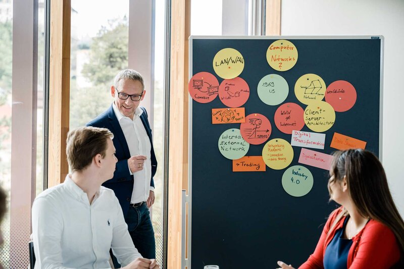 Dozent der FH Kufstein Tirol erläutert Studierenden Seminarinhalte an einer Pinnwand mit Notizen
