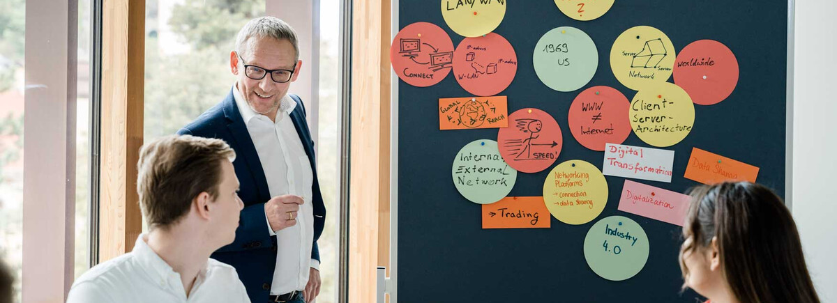 Dozent der FH Kufstein Tirol erläutert Studierenden Seminarinhalte an einer Pinnwand mit Notizen