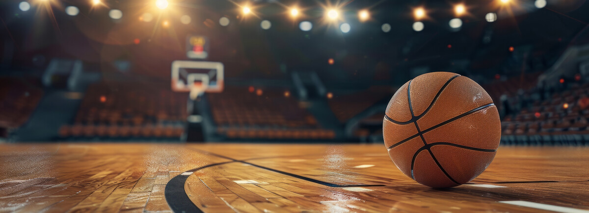 Stipendium_Basketball | © AdobeStock.Arianne Ein Basketball liegt auf einem beleuchteten Basketballfeld | © AdobeStock.Arianne