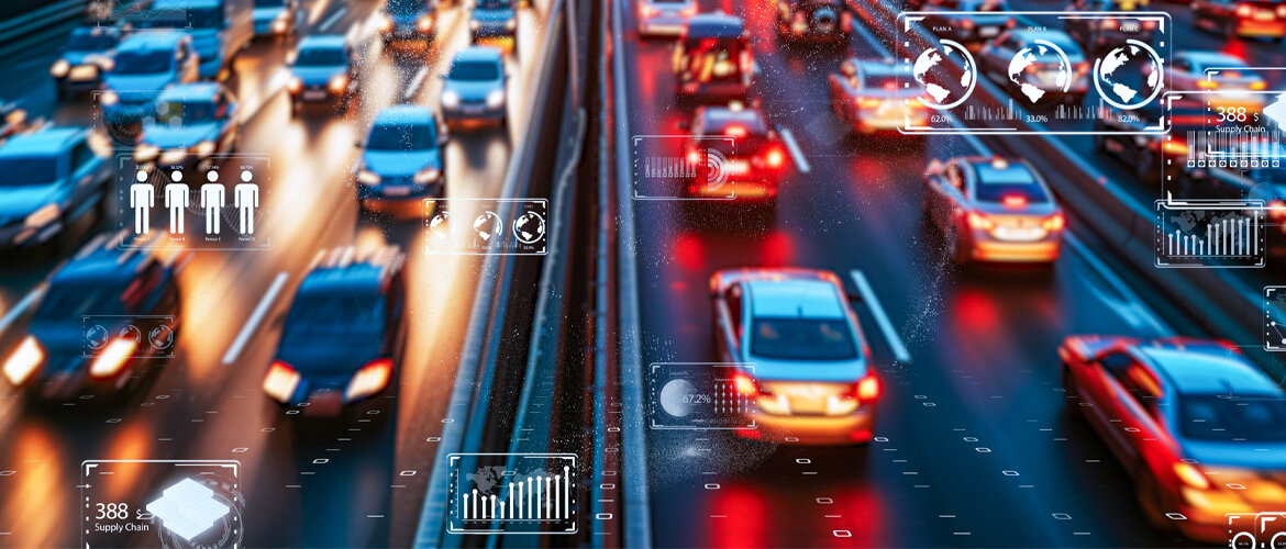 Nachhaltige-Mobilitaet | © Abode.Stock.Imaging L Eine Autobahn mit vielen Fahrzeugen, über die kleine Analysegrafiken eingeblendet sind, die eine komplexe sensorgesteuerte Verkehrszählung mit weiterführenden Daten darstellt. | © Abode.Stock.Imaging L