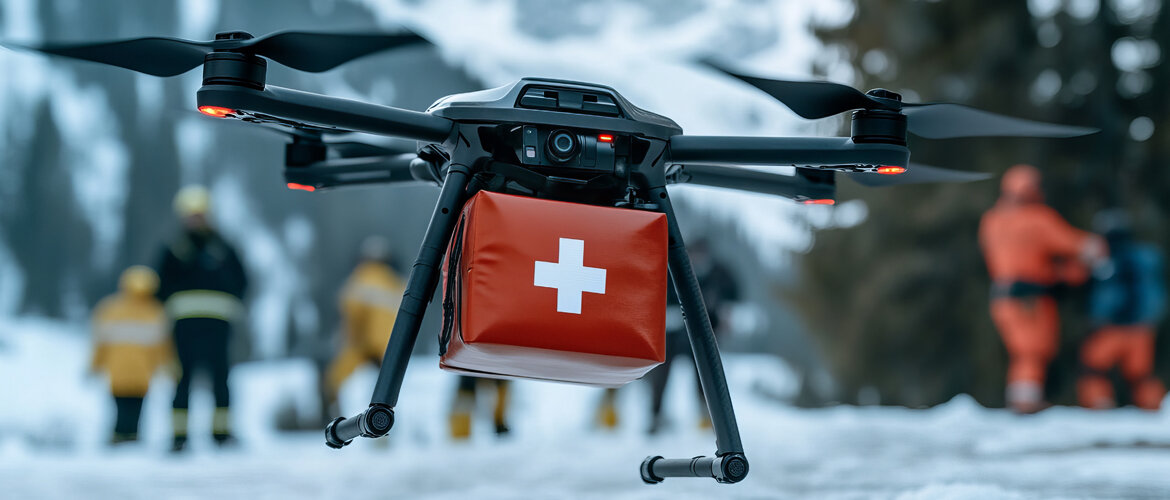 Start2 | © AdobeStock.PrimeStock Rettungsdrohne im Einsatzflug, im Hintergrund Rettungsmannschaft in einer gebirgigen Schneelandschaft | © AdobeStock.PrimeStock