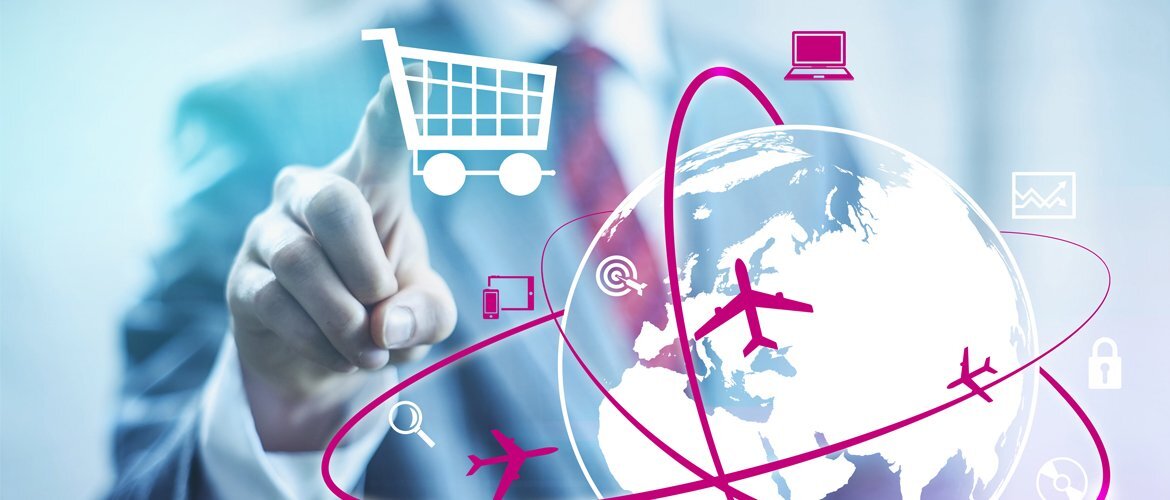 Innovationslehrgang_Digital_Tourism_Expert | © AdobeStock.MikkoLemola Eine Person in einem Anzug ist umgeben von Symbolen, die globale Kommunikation und Handel darstellen, und zeigt auf einen Einkaufswagen. | © AdobeStock.MikkoLemola