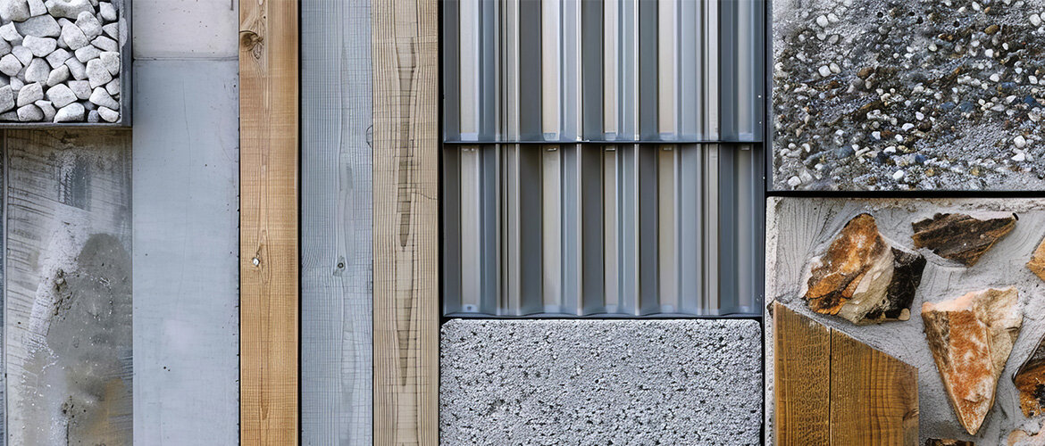 Nachhaltig-bauen-Recycling-Baustoffe | © AdobeStpck.nunoi Collage von Baumaterialien wie Holz, Metall, Beton und Stein. | © AdobeStpck.nunoi