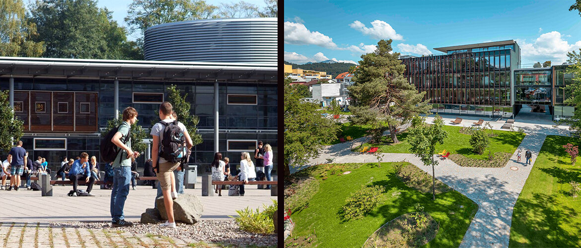 Dual-Degree-HS-Schmalkalden-Maschinenbau | © FH Kufstein Tirol_FH Schmalkalden Zwei Bilder von jeweils dem Campus der FH Kufstein Tirol und dem Campus Schmalkalden mit Studierenden. | © FH Kufstein Tirol_FH Schmalkalden