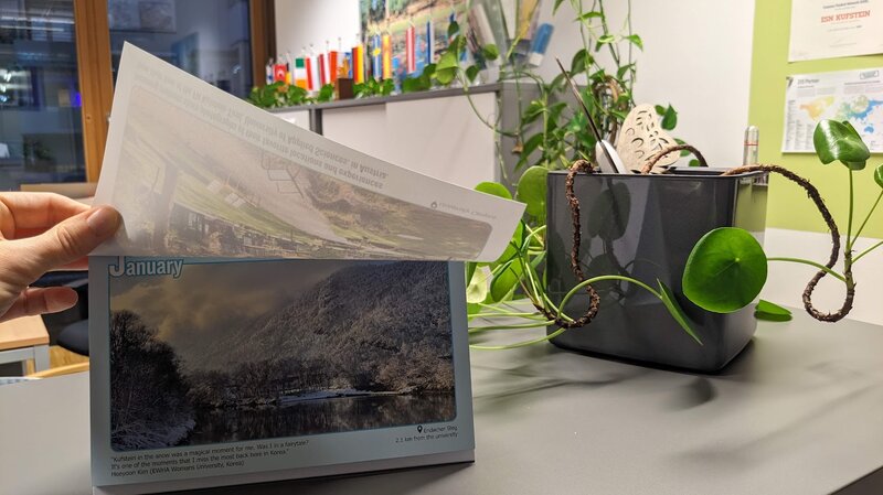 Umgeklappte Januar-Seite des Kalenders auf dem Tisch neben einer Pflanze | © FH Kufstein Tirol
