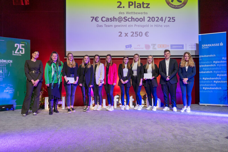 Die Gewinner:innen des 2. Platzes des Wettbewerbs, zusammen mit den Moderatorinnen Sophie Hemetsberger und Ivana Filipovic. | © FH Kufstein Tirol