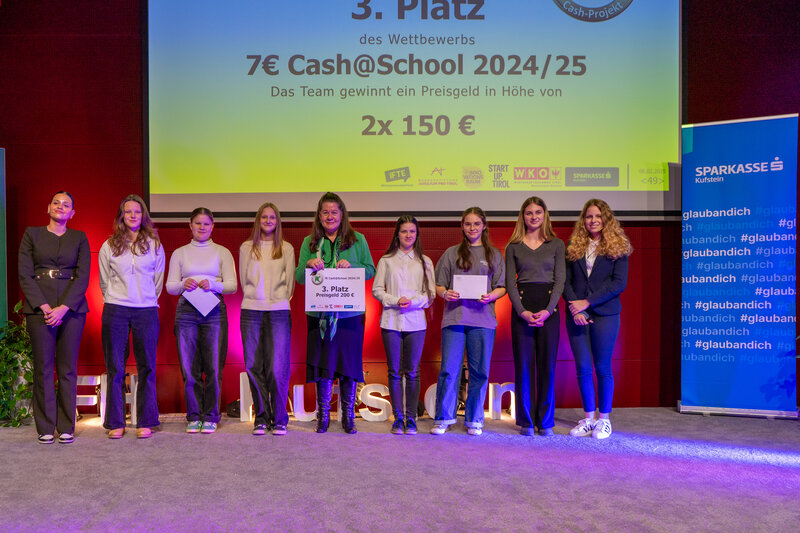 Die Gewinner des 3. Platzes des Wettbewerbs, zusammen mit Karin Steiner und den beiden Moderatorinnen Sophie Hemetsberger und Ivana Filipovic. | © FH Kufstein Tirol