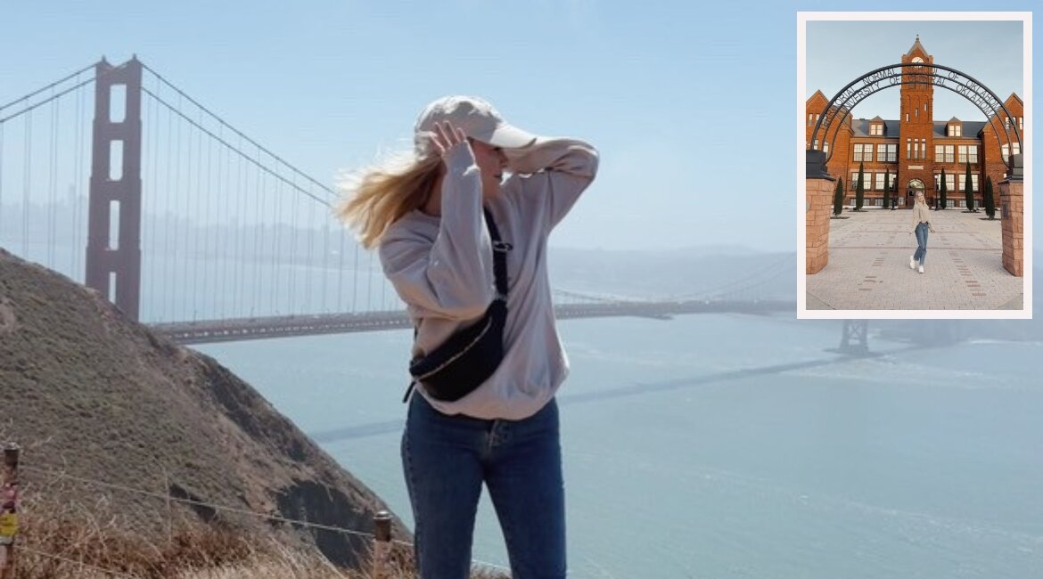 Oklahoma-Auslandssemester-Sandra-Dietmayr | © FH Kufstein Tirol Großes Bild: Sandra Dietmayr vor der Golden Gate Bridge in San Francisco, kleines Bild: Sandra direkt vor der Universität in Edmond. | © FH Kufstein Tirol