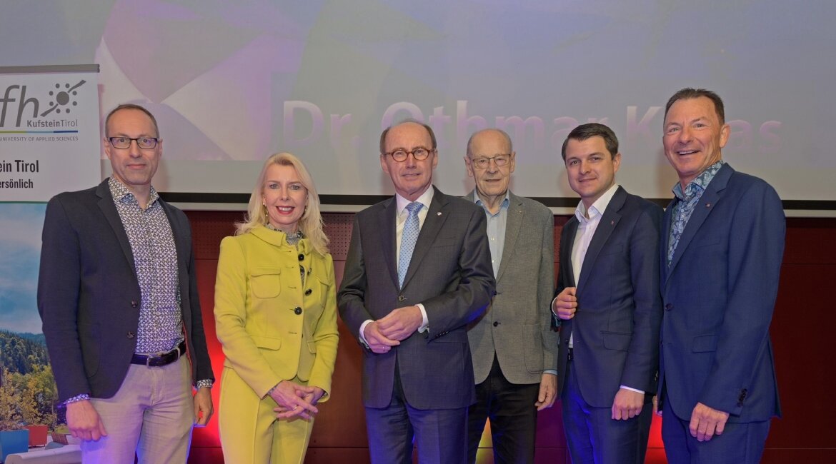 Prof. (FH) Dr. Mario Döller, Barbara Schwaighofer, Dr. Othmar Karas, Walter J. Mayr, Kurt Berek und Prof. (FH) Dr. Thomas Madritsch (v.l.n.r.). | © FH Kufstein Tirol ki-adaptiert