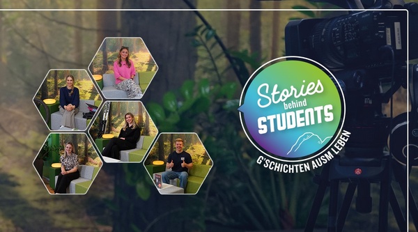 Kollage aller Teilnehmenden des Videoformats Stories behind Students zum Staffelfinale. Die Personen sind in einzelnen Hexagonen arrangiert, die wie eine kreative Montage wirken. | © FH Kufstein Tirol 