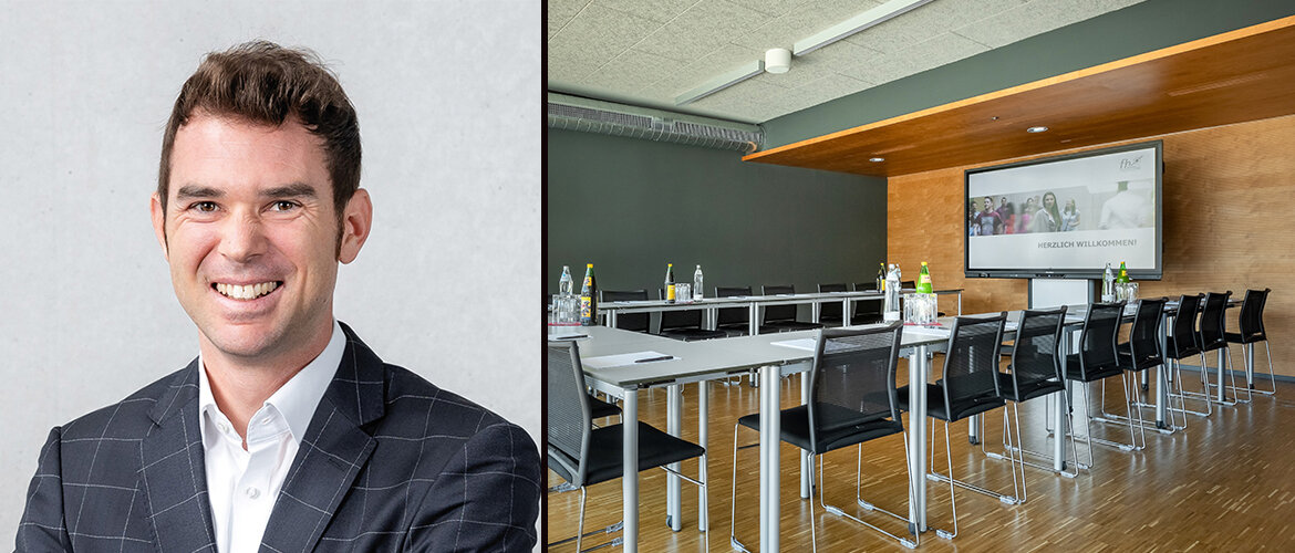Die Bildcollage zeigt Dr. Nico Deistler (linke Bildhälfte) und einen Konferenzraum (rechte Bildhälfte). 