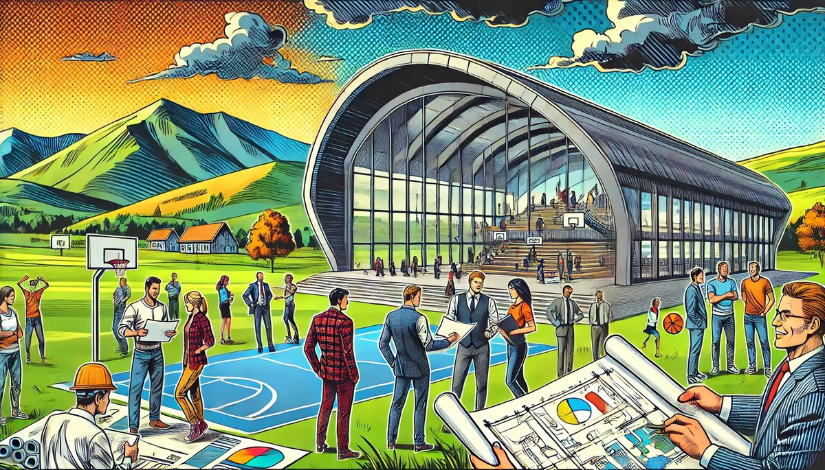 KI-generierte Darstellung einer modernen Sporthalle in Kufstein mit Glasfassade, Outdoor-Sportflächen und Menschen in Planungsgesprächen.