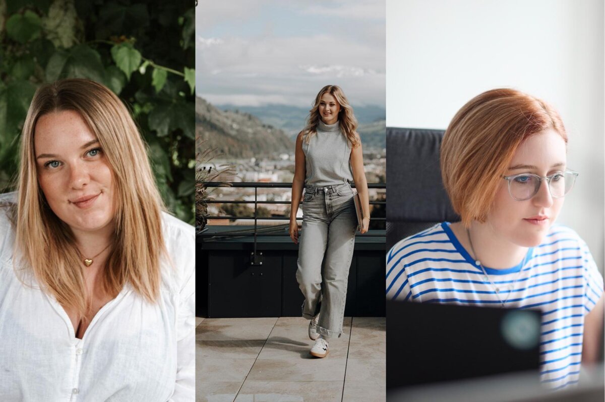 Karrierewege von Studierenden im Studiengang Marketing & Kommunikationsmanagement Drei junge Frauen in unterschiedlichen Alltagssituationen: Porträt im Grünen, Spaziergang auf einer Terrasse mit Bergkulisse und konzentriertes Arbeiten am Laptop