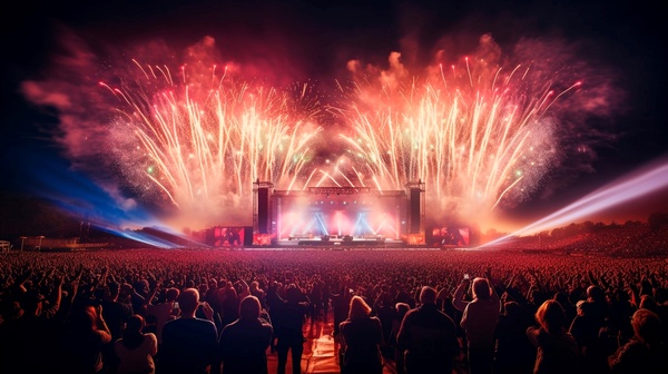 Eine riesige Menschenmenge steht vor einer beleuchteten Festivalbühne bei Nacht. Über der Bühne explodieren spektakuläre Feuerwerkskörper in Rot- und Orangetönen, während starke Lichtstrahlen über die Menge ziehen. | © Fotolia.FrankBoston