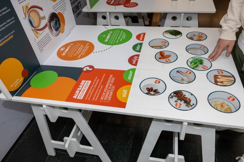 Eine interaktive Mitmachstation zur Geschmackswahrnehmung in der Ausstellung „Gewissensbiss“. Auf einem weißen Tisch liegen Bildkärtchen mit Lebensmitteln, die verschiedenen Geschmacksrichtungen wie süß, salzig, sauer, bitter und umami zugeordnet werden sollen.