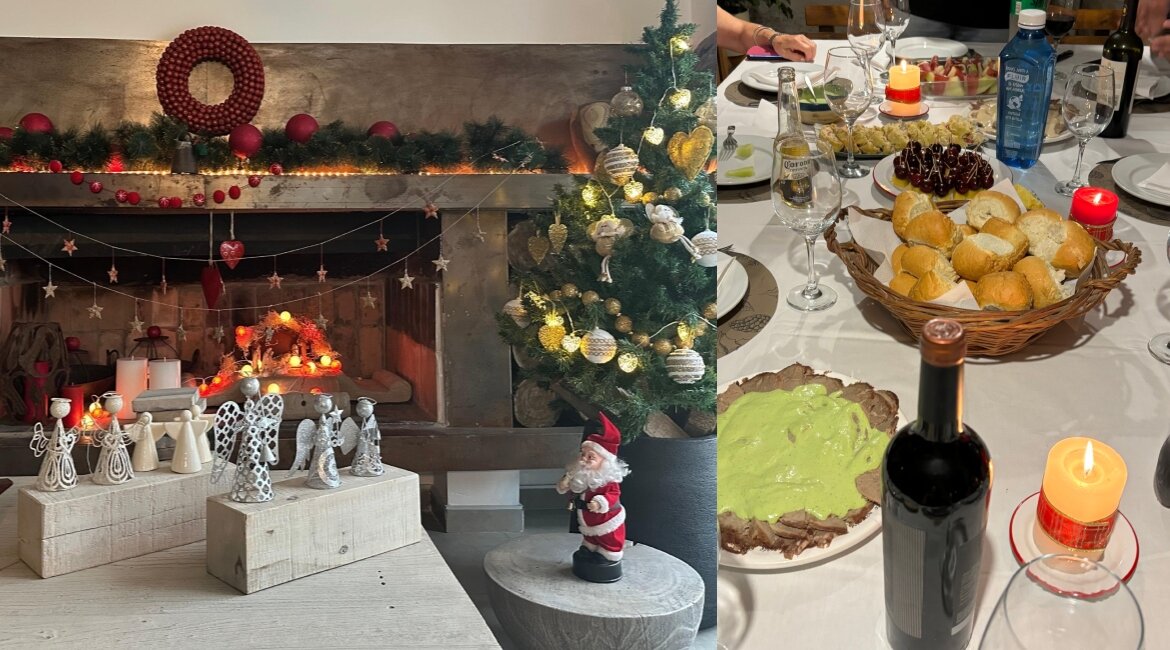 Collage: Links ein festlich geschmückter Raum in Argentinien, rechts ein traditionelles Weihnachtsessen.