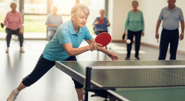 Eine ältere Dame steht mit gebeugten Knien mit einem Tischtennis-Schläger vor einer Spielplatte. | © AdobeStock.Cliff