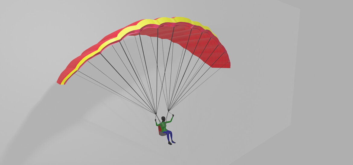 3D-Modell-VR-Paraglider-Visualisierung 3D-generiertes Modell eines VR-Paragliders mit leuchtend rotem und gelbem Schirm, schwebend in einem virtuellen Raum.