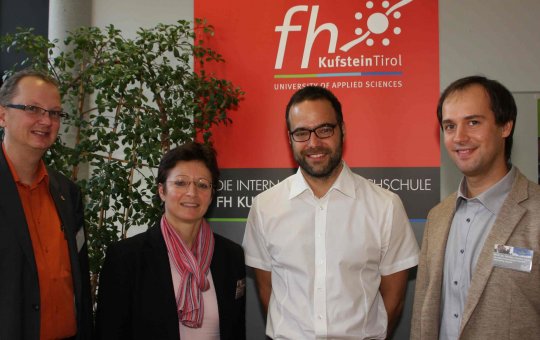 v.l: Prof. (FH) Dr. Kaspar, Sara Lewis (FIS), Dr. Kaiser, Prof. Dr. Nikolay Peshin (Russian Int. Olympic Univ.)