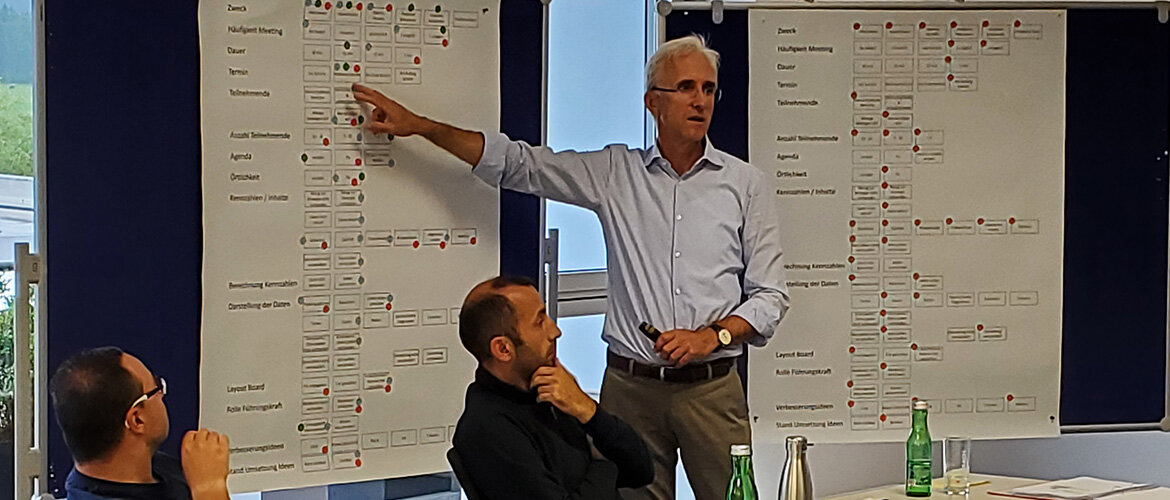 Prof. (FH) Dr. Martin Adam der FH Kufstein Tirol bespricht mit Führungskräften der Firma Gronbach wichtige Elemente ihres Shop Floor Managements.