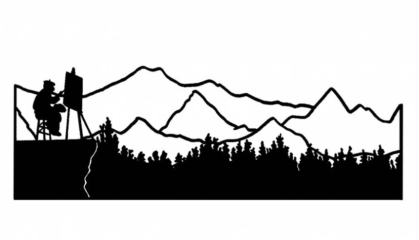 Maler, Berge und Wald schwarz-weiß